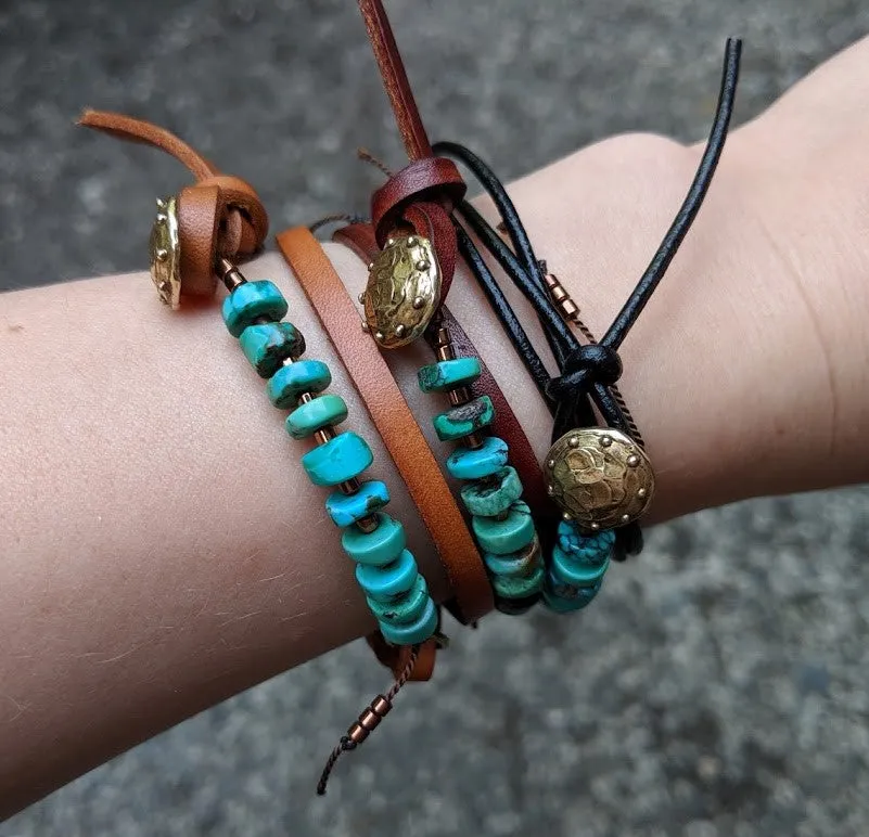 Boho Natural Turquoise Light Brown Leather Wrap Bracelet