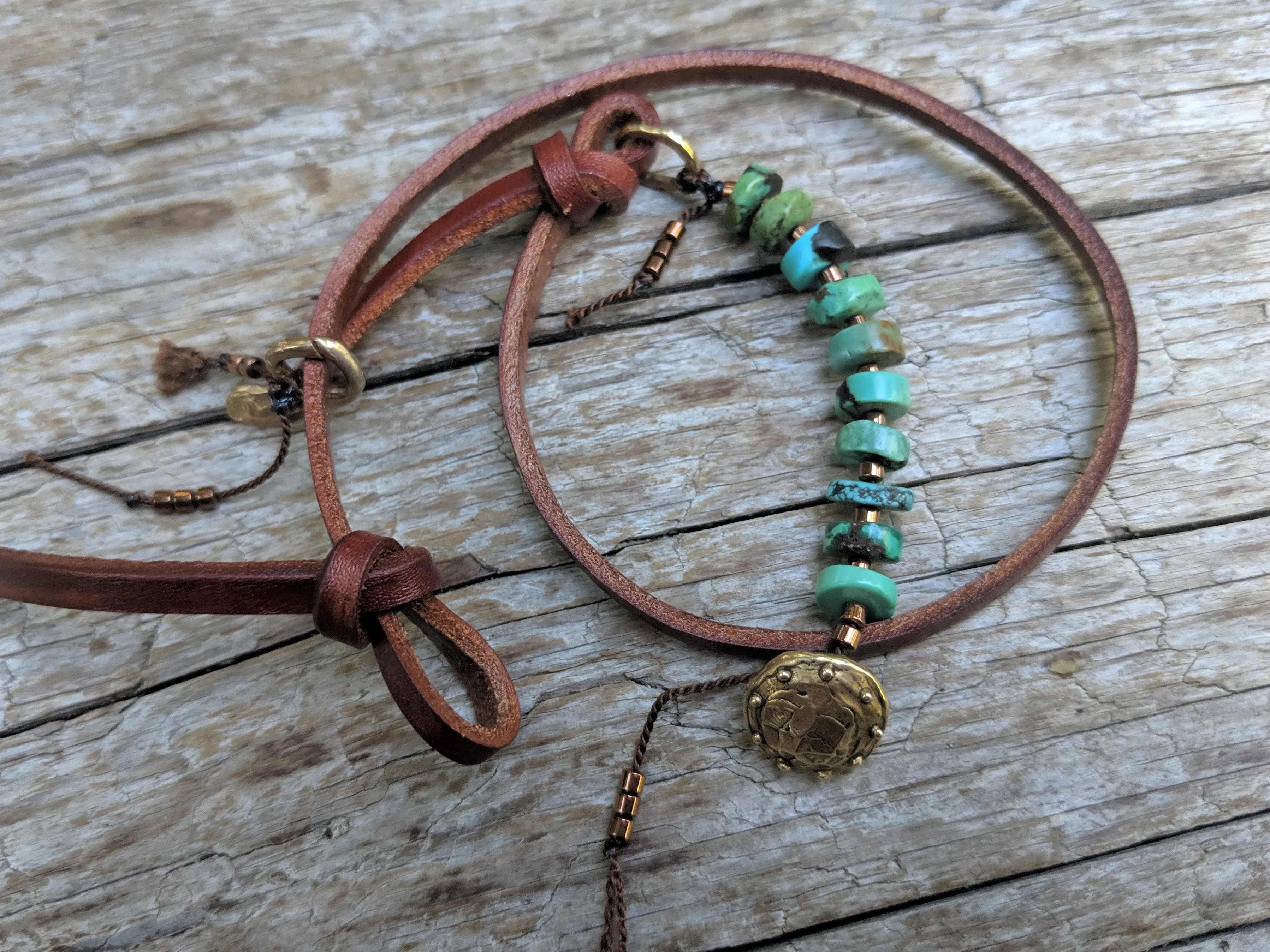 Boho Natural Turquoise Light Brown Leather Wrap Bracelet