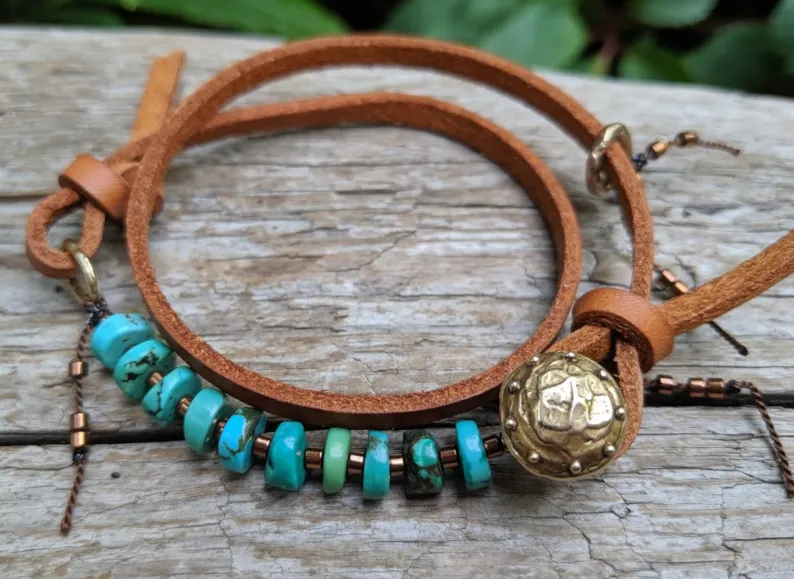 Boho Natural Turquoise Light Brown Leather Wrap Bracelet