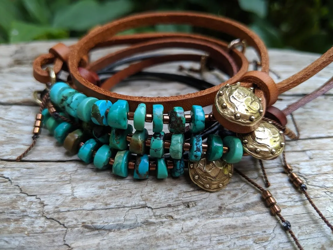 Boho Natural Turquoise Light Brown Leather Wrap Bracelet