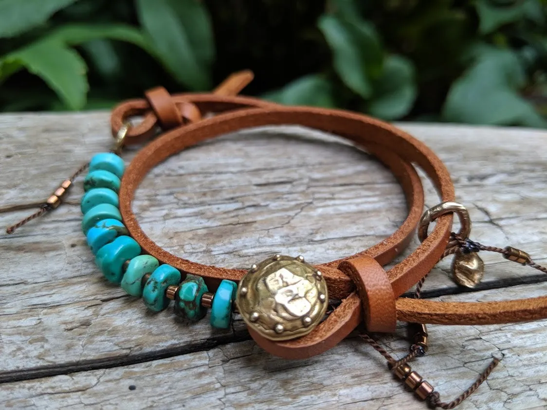 Boho Natural Turquoise Light Brown Leather Wrap Bracelet