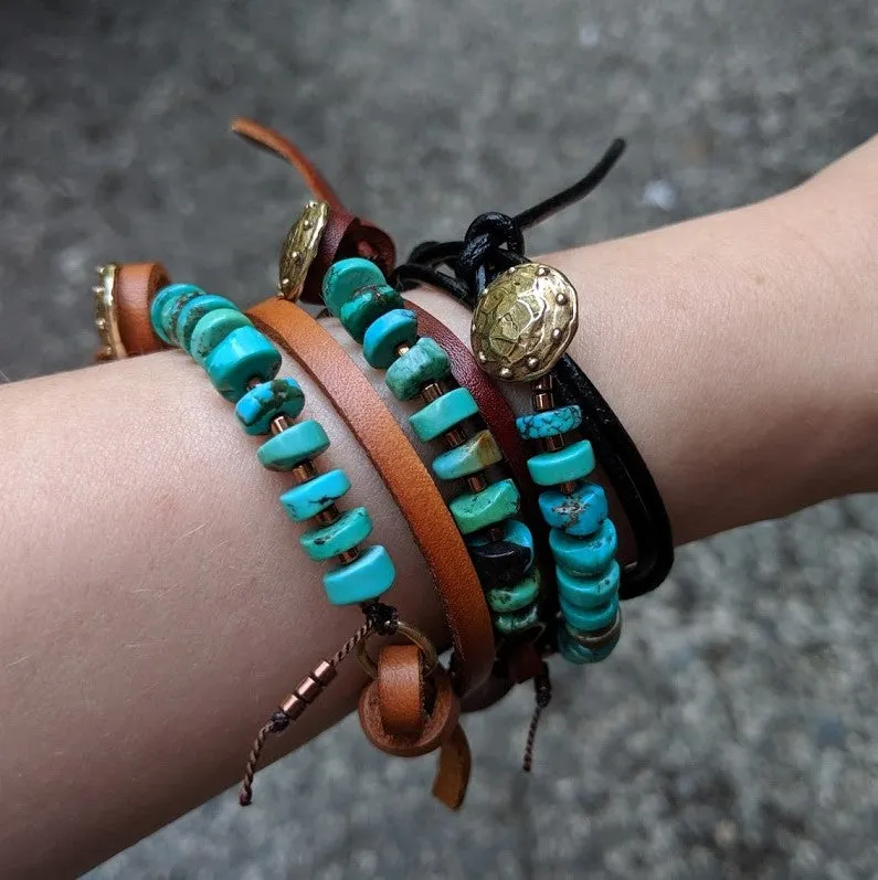 Boho Natural Turquoise Light Brown Leather Wrap Bracelet