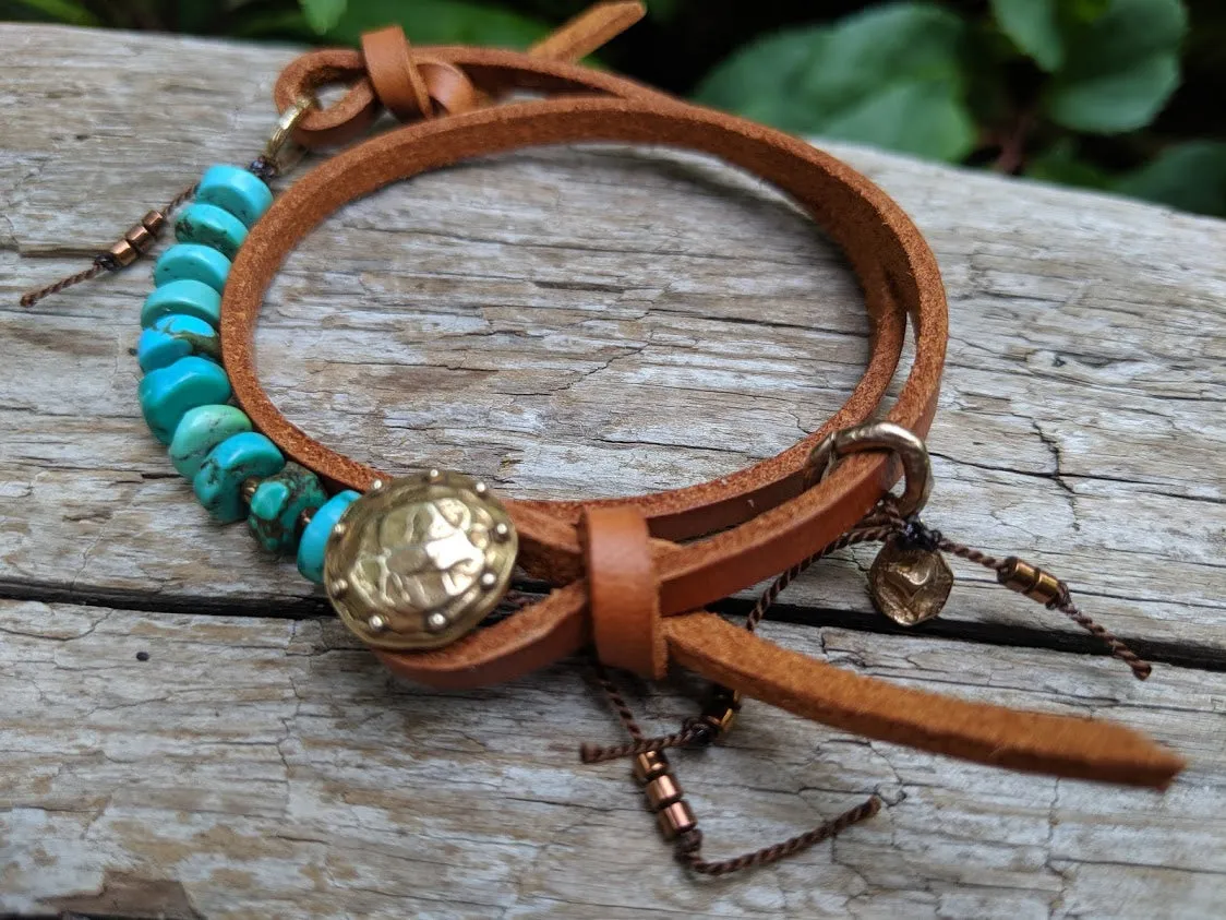 Boho Natural Turquoise Light Brown Leather Wrap Bracelet