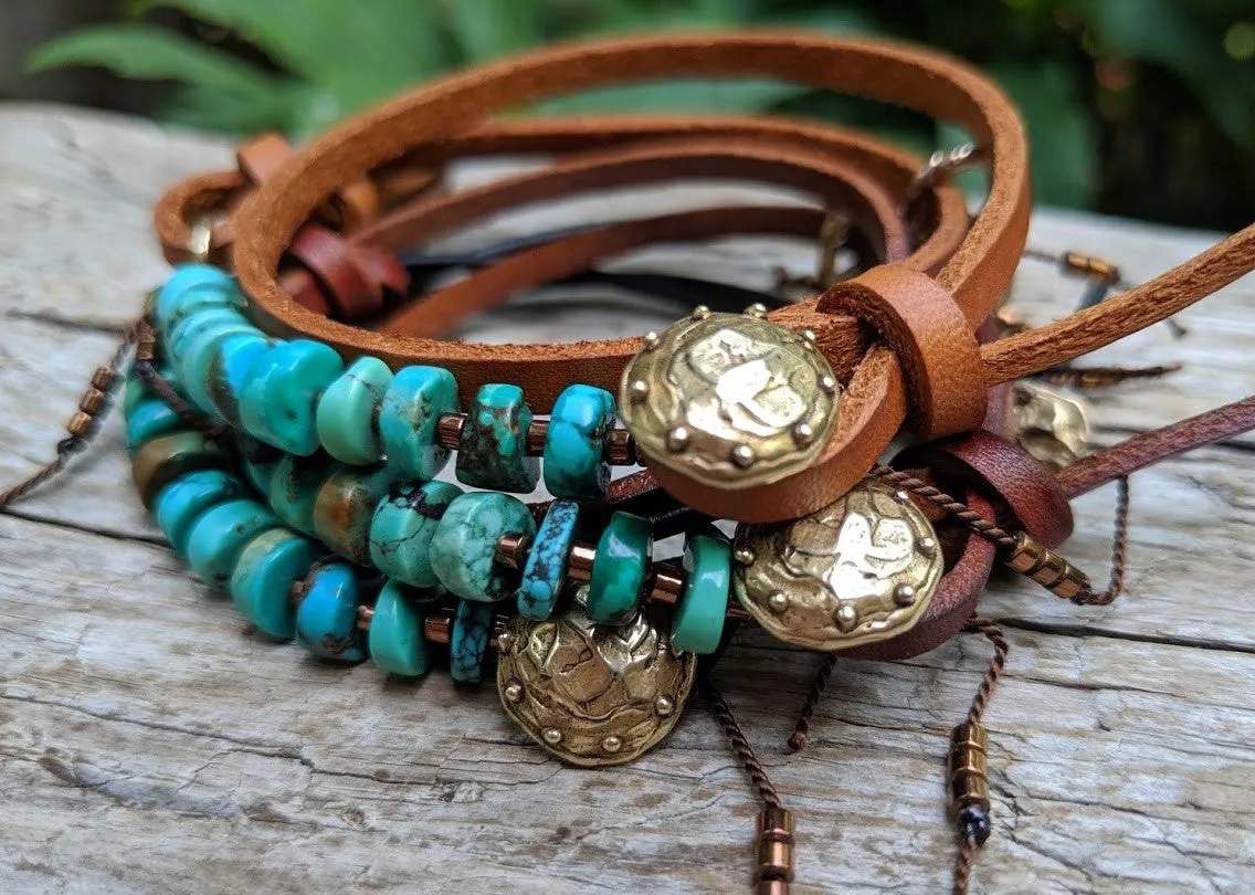 Boho Natural Turquoise Light Brown Leather Wrap Bracelet