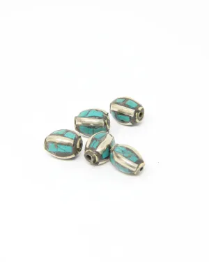 Brass Case Turquoise Inlaid Tibetan Barrel Shape Beads - Z106