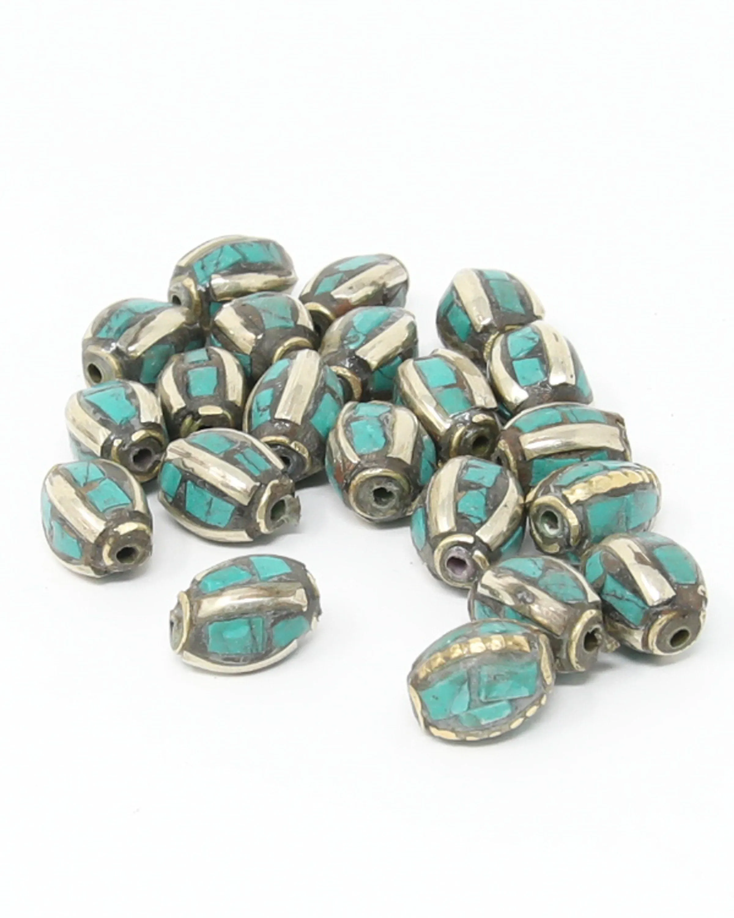 Brass Case Turquoise Inlaid Tibetan Barrel Shape Beads - Z106