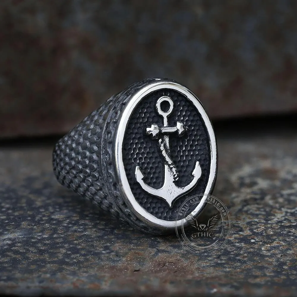 Carved Anchor Stainless Steel Marine Ring