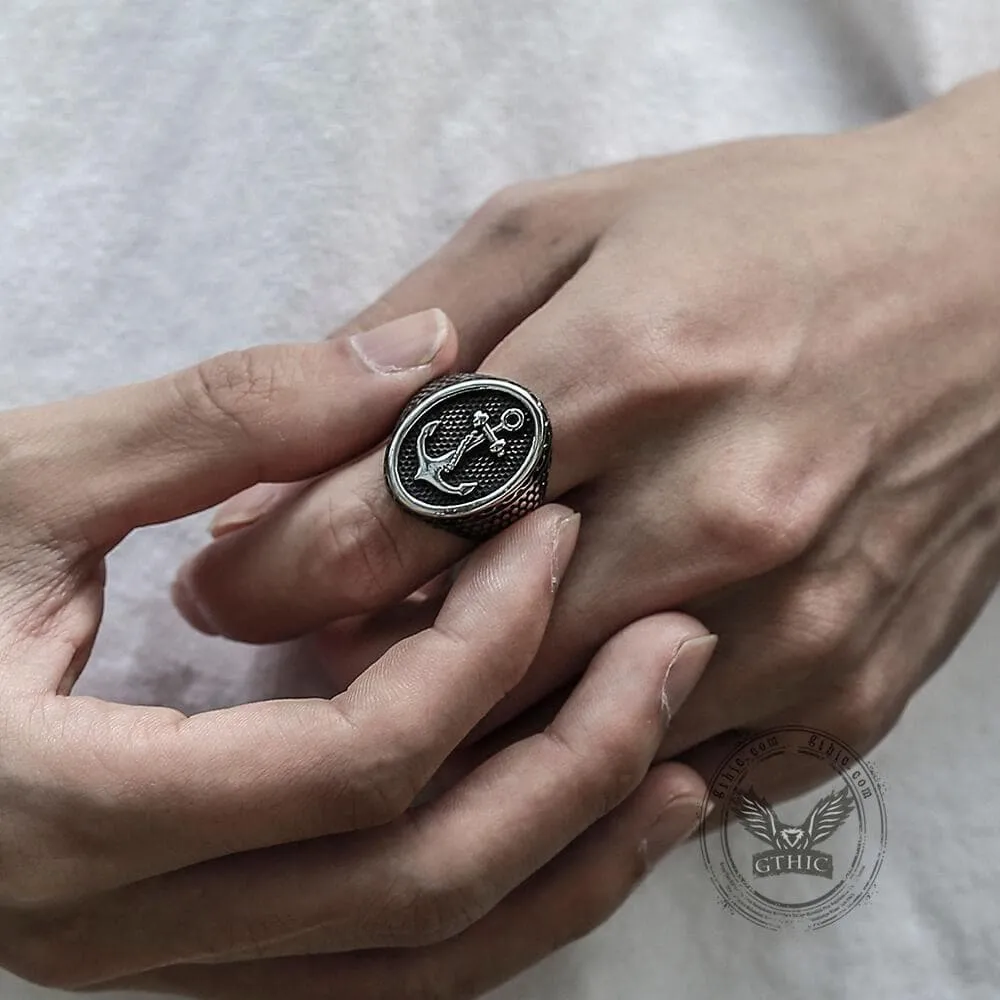 Carved Anchor Stainless Steel Marine Ring