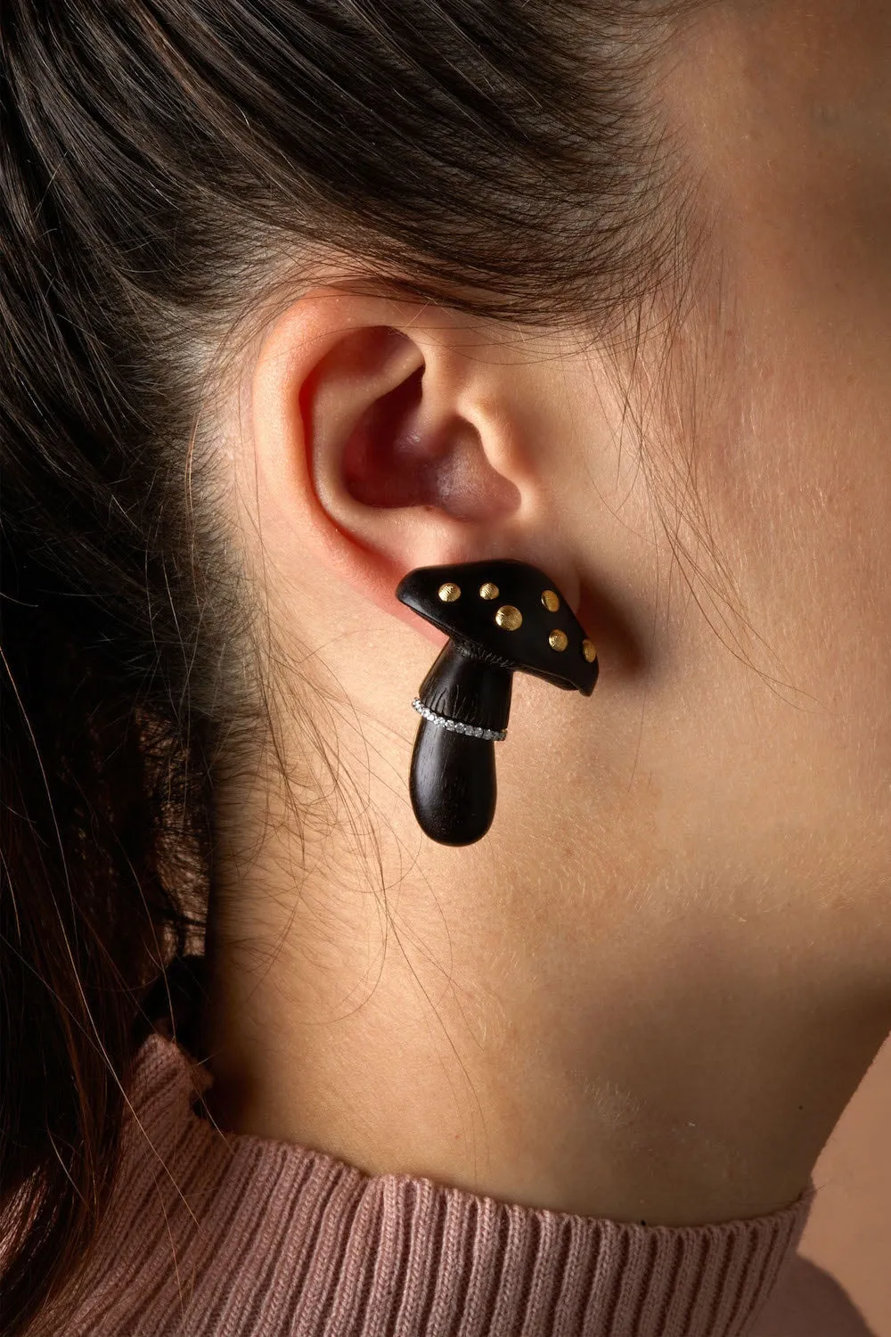 Carved Wood Mushroom Earrings Black