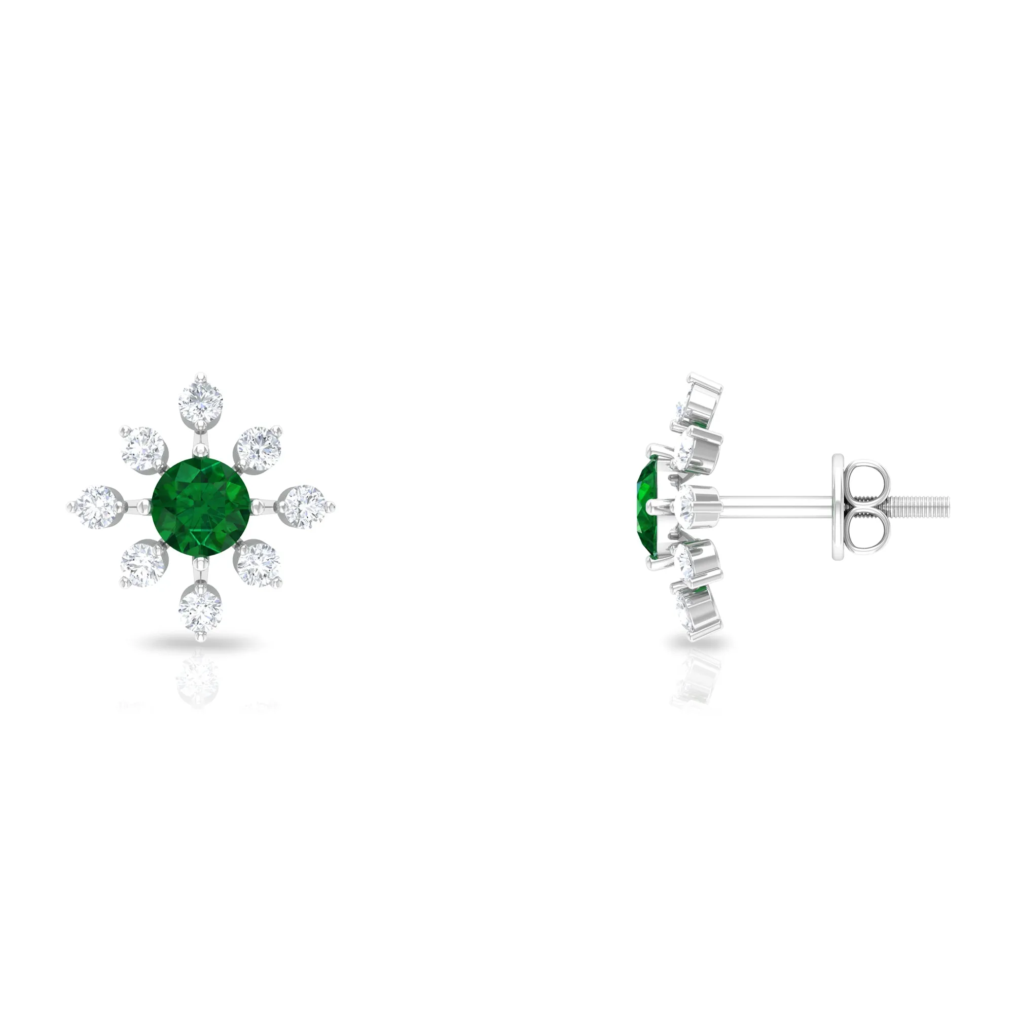 Certified Emerald and Diamond Contemporary Flower Stud Earrings