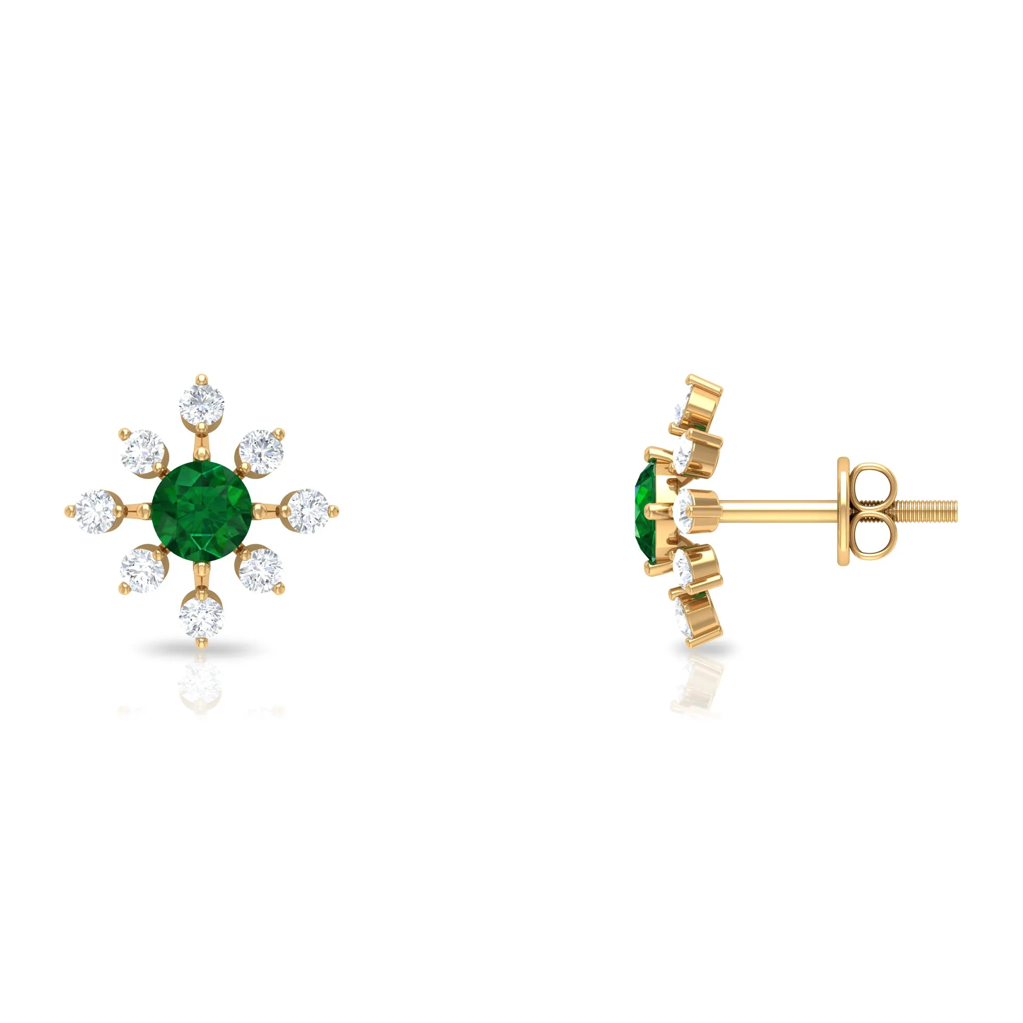 Certified Emerald and Diamond Contemporary Flower Stud Earrings