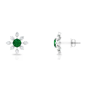 Certified Emerald and Diamond Contemporary Flower Stud Earrings