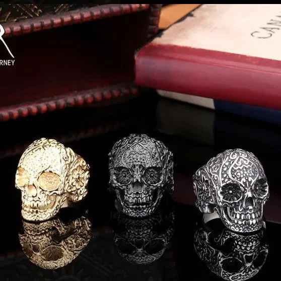 Classic Garden Secret 316L Stainless Steel Jewelry Men's Garden Flower Skull Ring for Man Punk Style