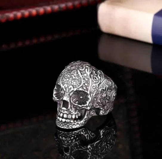 Classic Garden Secret 316L Stainless Steel Jewelry Men's Garden Flower Skull Ring for Man Punk Style