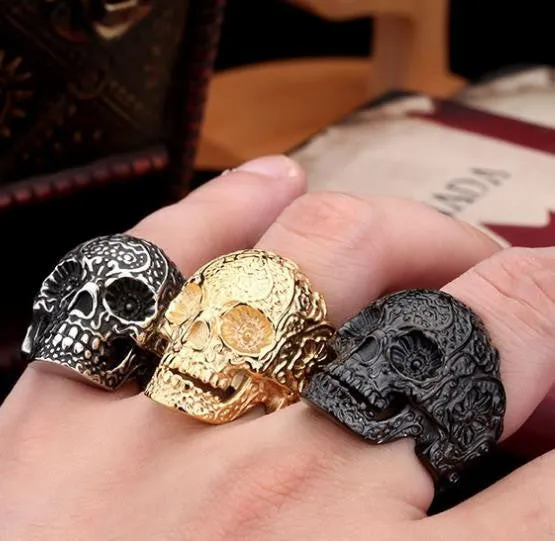 Classic Garden Secret 316L Stainless Steel Jewelry Men's Garden Flower Skull Ring for Man Punk Style