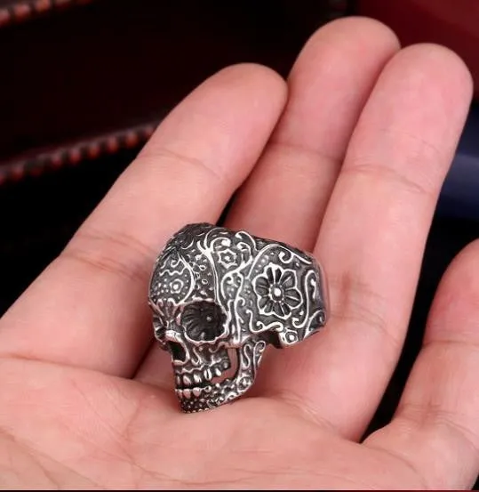 Classic Garden Secret 316L Stainless Steel Jewelry Men's Garden Flower Skull Ring for Man Punk Style