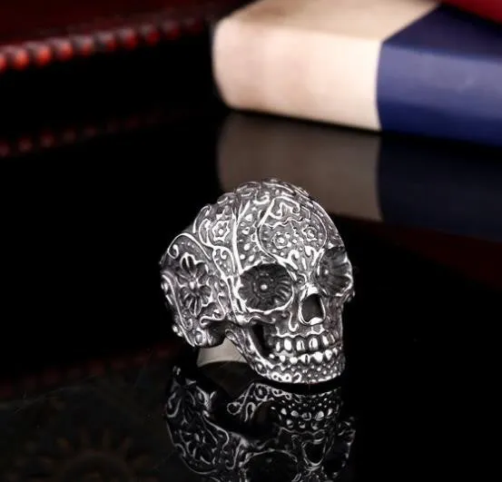 Classic Garden Secret 316L Stainless Steel Jewelry Men's Garden Flower Skull Ring for Man Punk Style