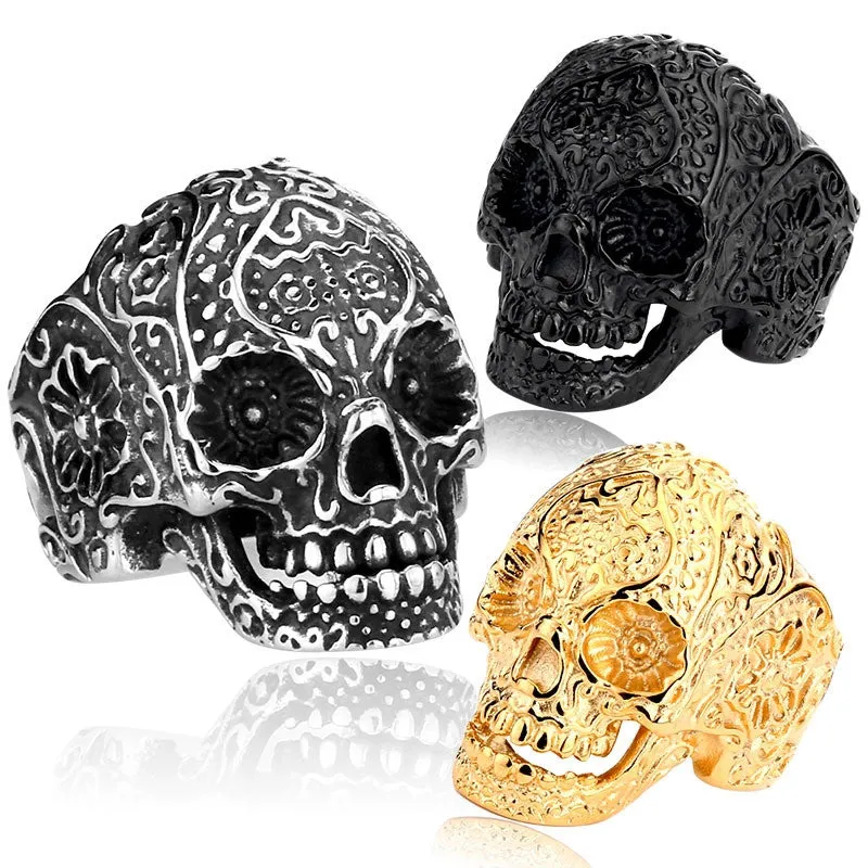 Classic Garden Secret 316L Stainless Steel Jewelry Men's Garden Flower Skull Ring for Man Punk Style