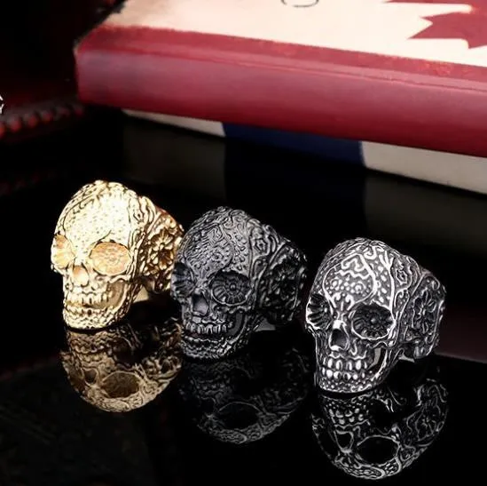 Classic Garden Secret 316L Stainless Steel Jewelry Men's Garden Flower Skull Ring for Man Punk Style