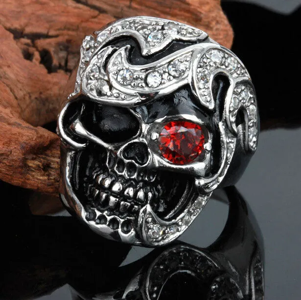 Cool Personality Skull Ring With Red CZ Eye Stainless Steel Punk Exaggerated Mens Rings For Men Vintage Best Friends Jewelry