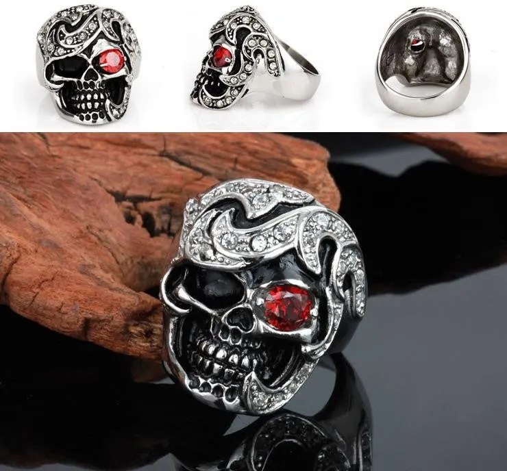 Cool Personality Skull Ring With Red CZ Eye Stainless Steel Punk Exaggerated Mens Rings For Men Vintage Best Friends Jewelry