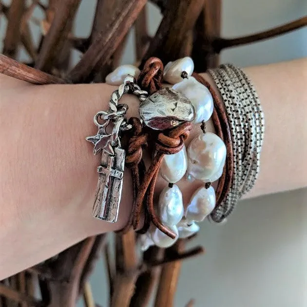 Cross Baroque Pearl Leather Wrap Bracelet - Necklace 2in1