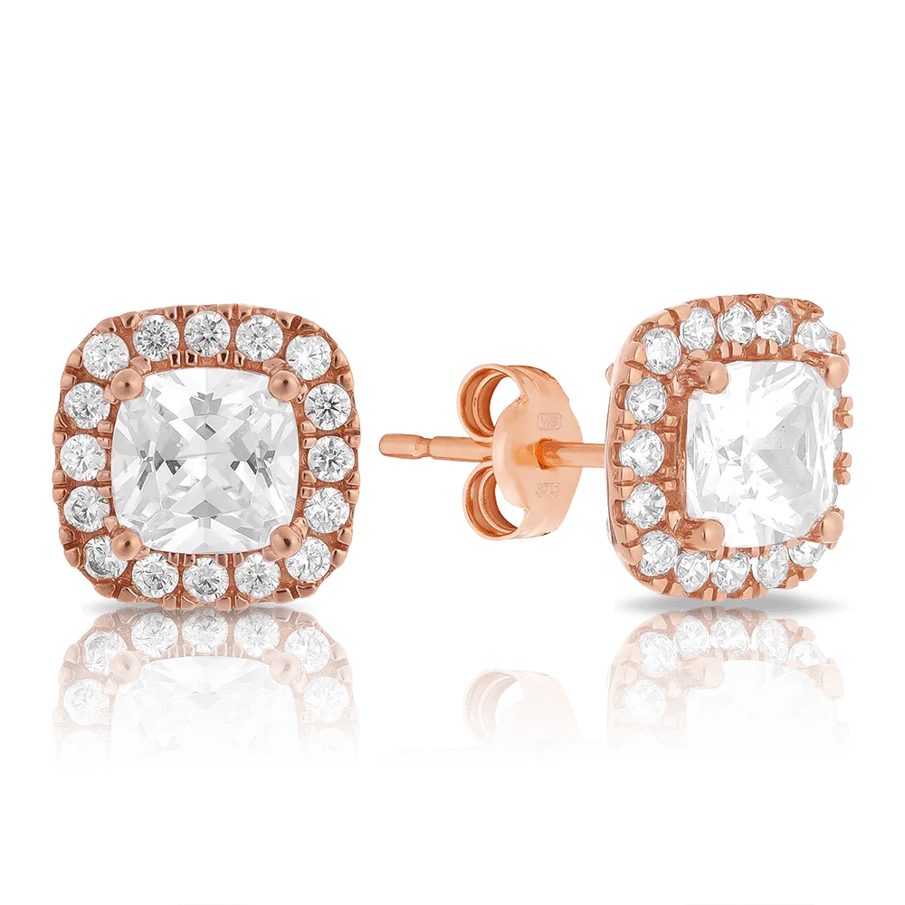 Cubic Zirconia Halo Earrings in 9ct Rose Gold