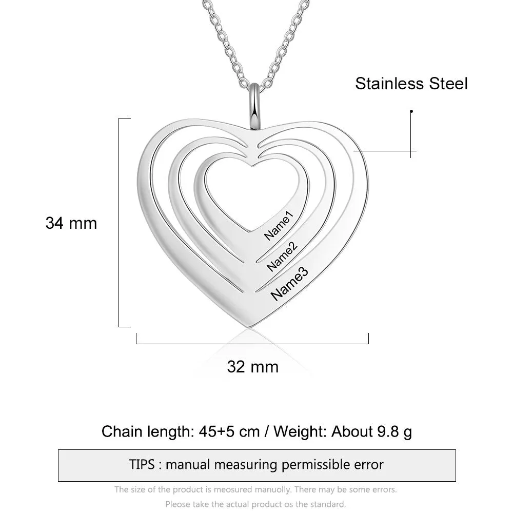 Customized 3 Hearts Pendant Personalized Engraving Name Necklaces