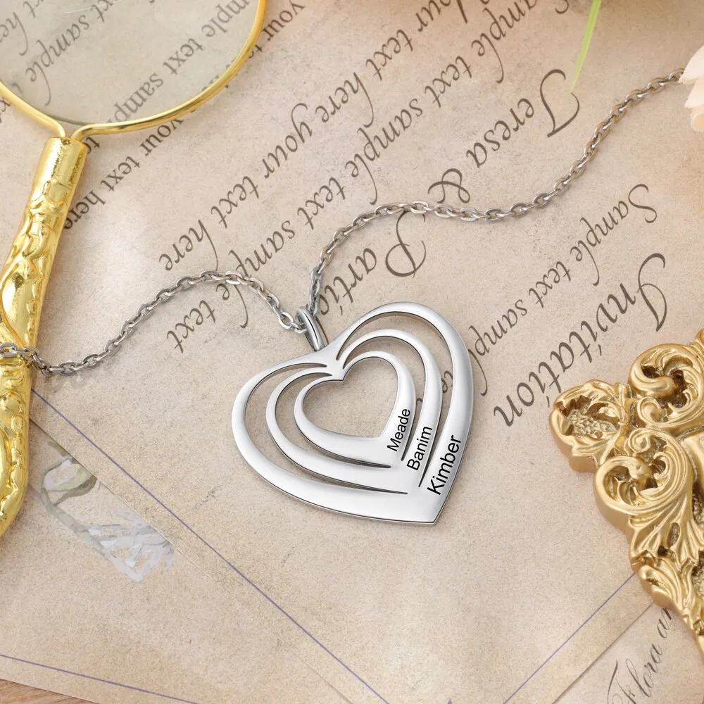 Customized 3 Hearts Pendant Personalized Engraving Name Necklaces