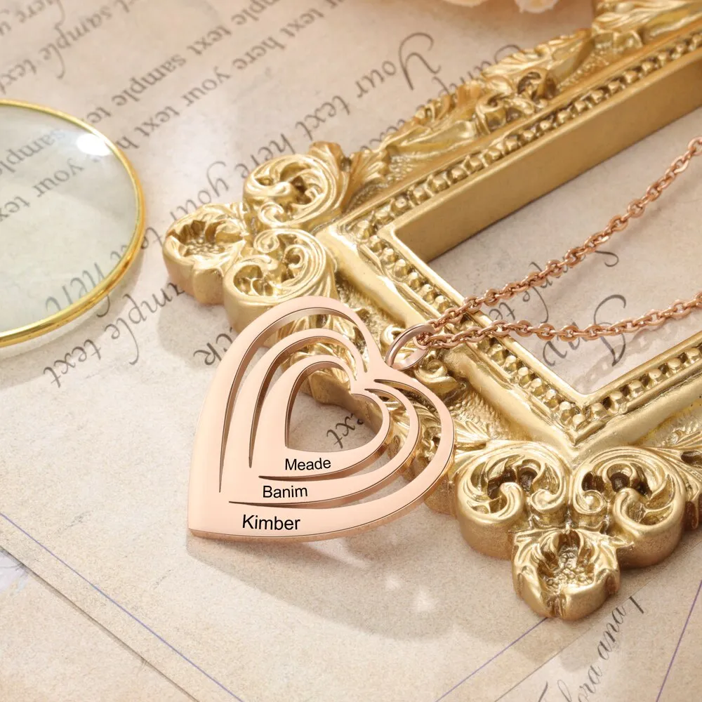 Customized 3 Hearts Pendant Personalized Engraving Name Necklaces