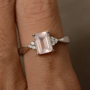 Cute Emerald Cut Rose Quartz Engagement Ring - 925 Solid Sterling Silver Promise Ring