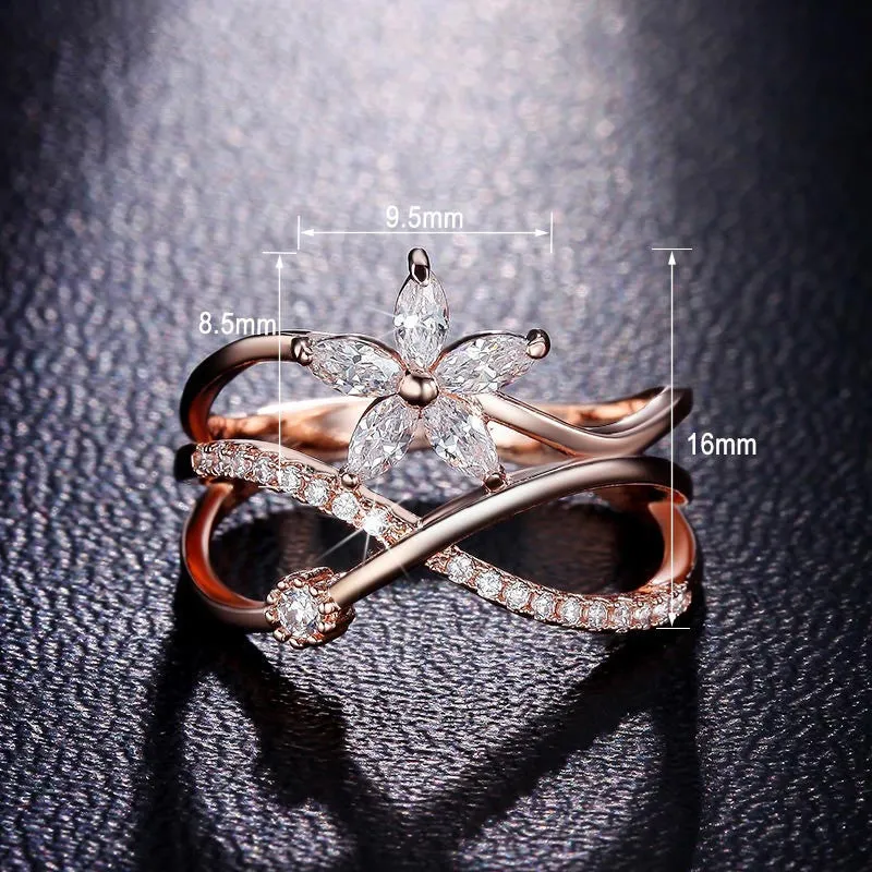 Delicate Flower Finger Ring Rose Gold And White Gold Plated Paved Tiny Zirconia Diamond Jewelry For Christmas Gifts