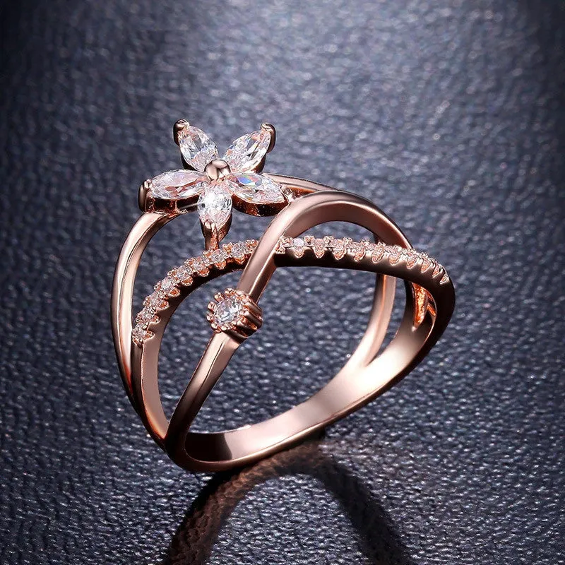 Delicate Flower Finger Ring Rose Gold And White Gold Plated Paved Tiny Zirconia Diamond Jewelry For Christmas Gifts