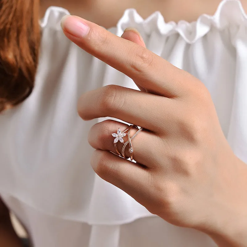 Delicate Flower Finger Ring Rose Gold And White Gold Plated Paved Tiny Zirconia Diamond Jewelry For Christmas Gifts