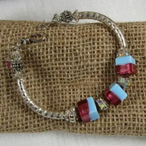 Designer Ruby Aqua Cube & Silver Bangle Bracelet