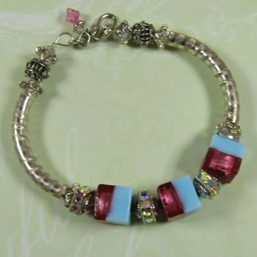 Designer Ruby Aqua Cube & Silver Bangle Bracelet