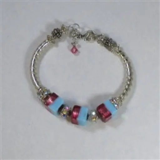 Designer Ruby Aqua Cube & Silver Bangle Bracelet