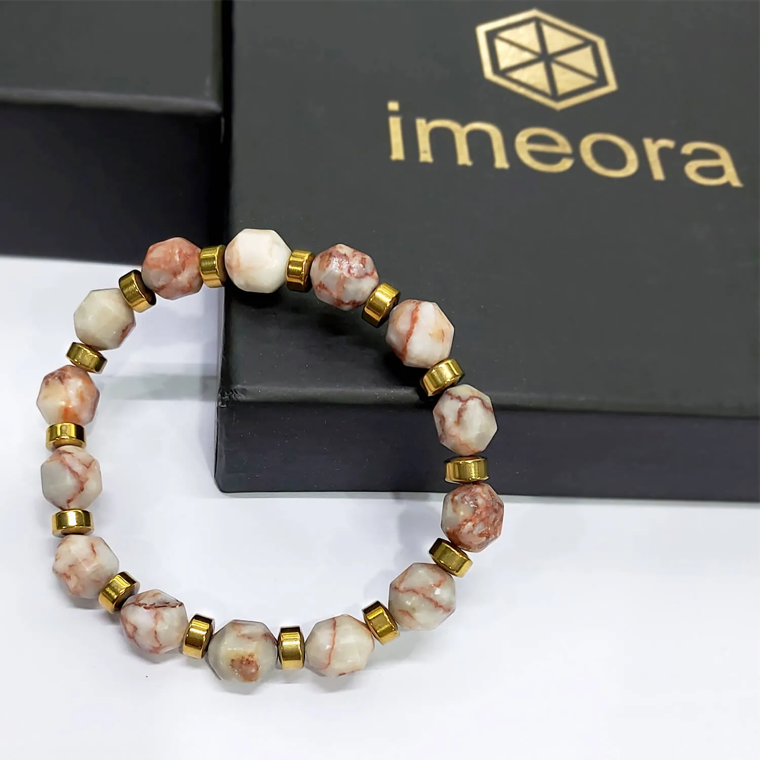 Diamond Cut Red Picasso Jasper With Golden Hematite Natural Stone Bracelet