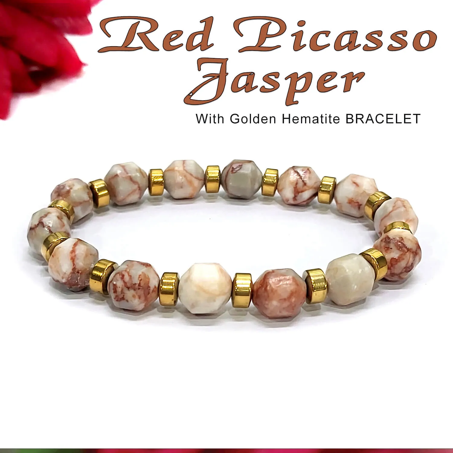 Diamond Cut Red Picasso Jasper With Golden Hematite Natural Stone Bracelet