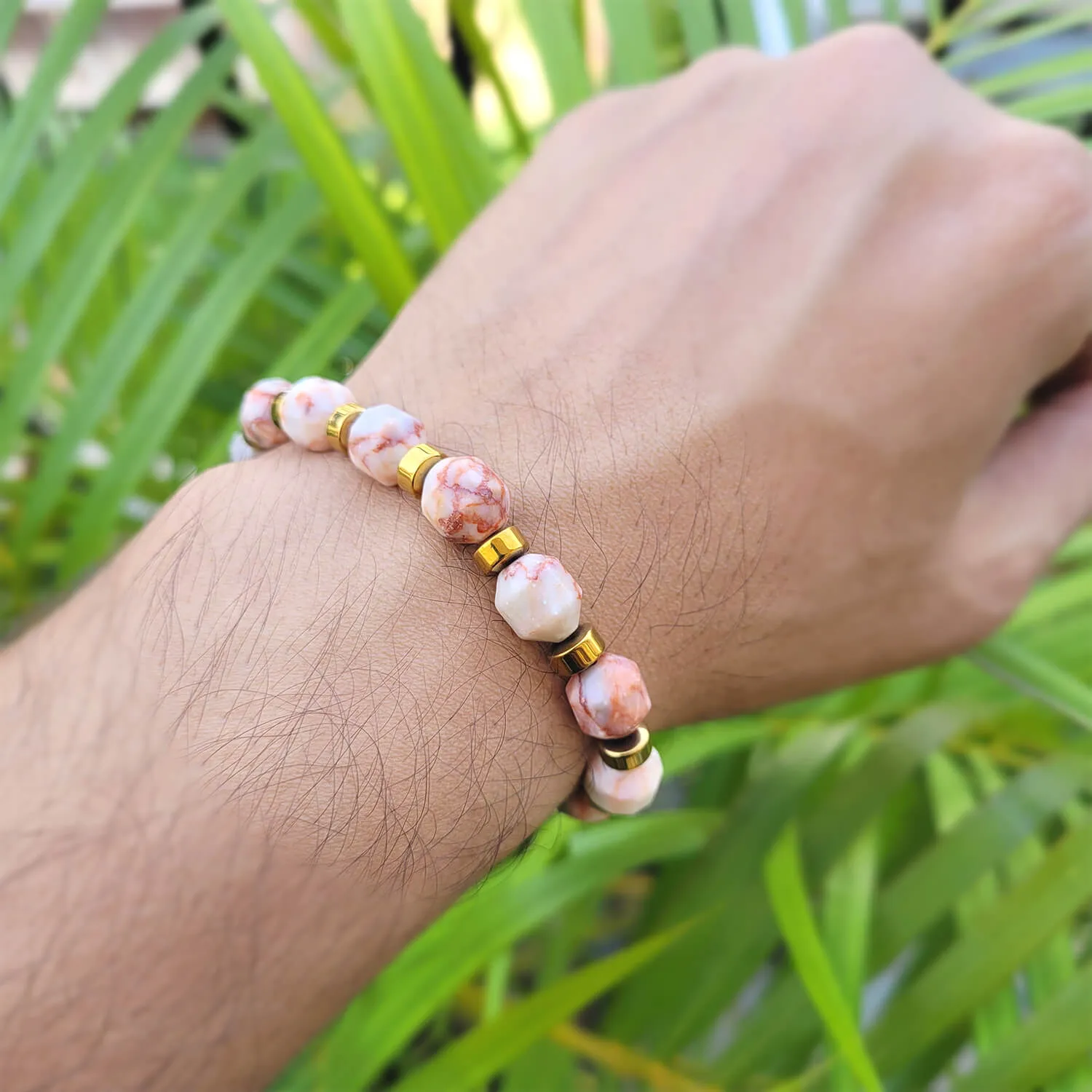 Diamond Cut Red Picasso Jasper With Golden Hematite Natural Stone Bracelet