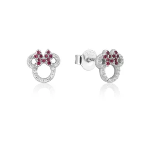 Disney Rhodium Plated Sterling Silver Minnie Mouse CZ Outline Red Stud Earrings