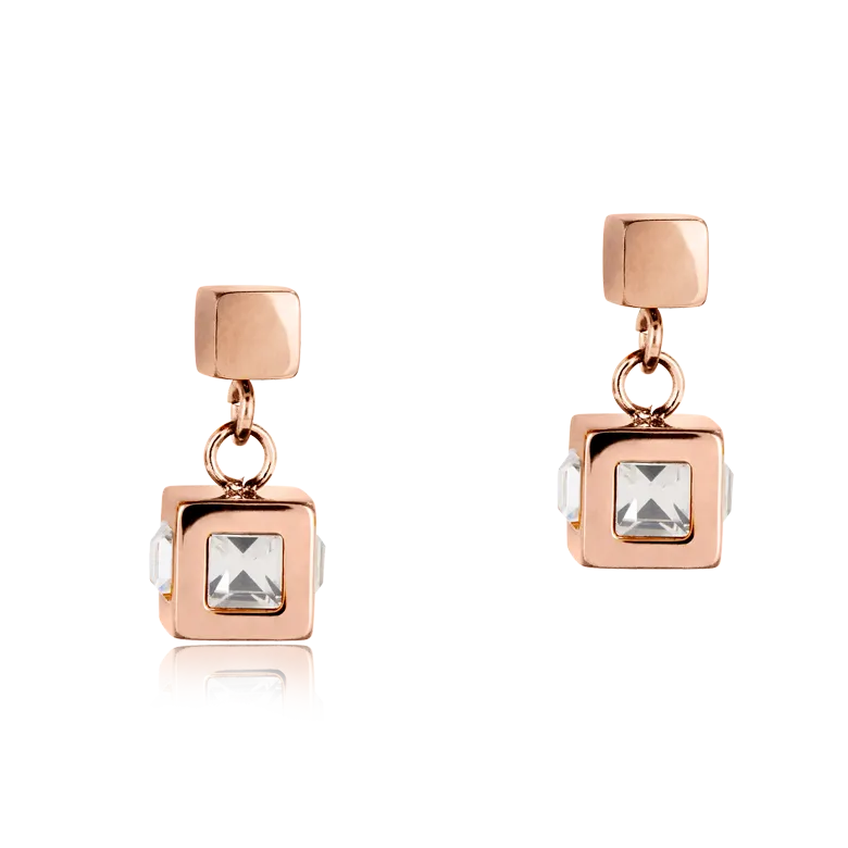 Earrings cube stainlees steel rose gold & crystal