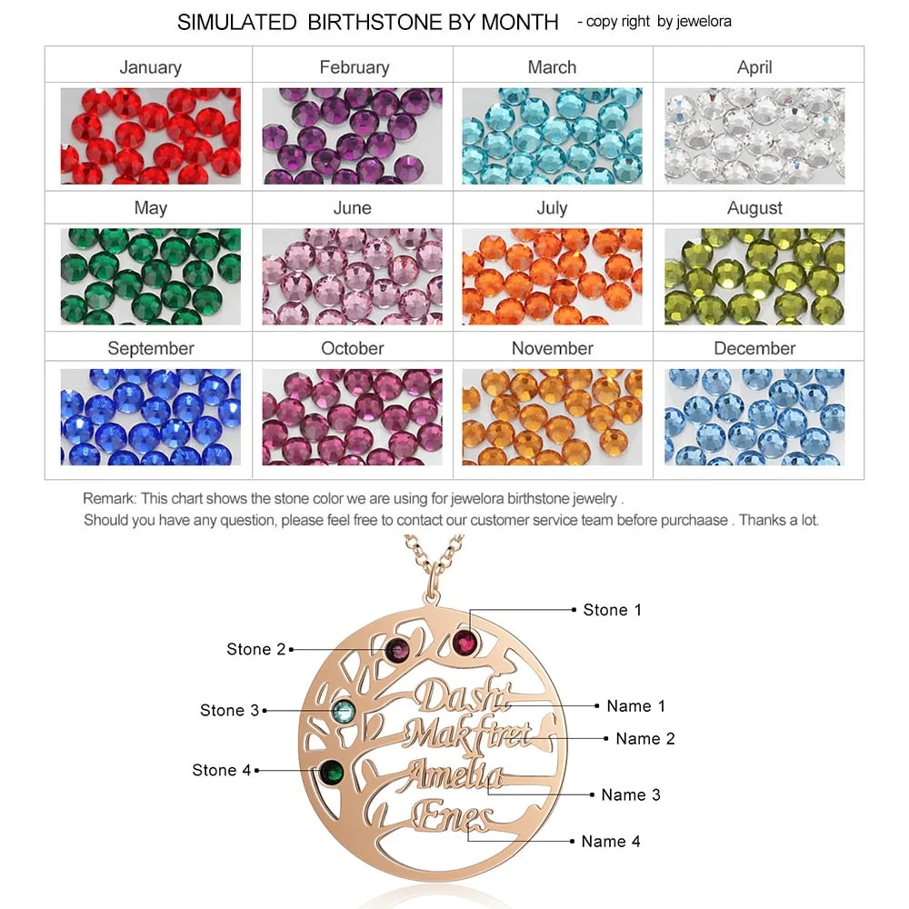 Family Tree Necklace with 4 Birthstones Name Necklace