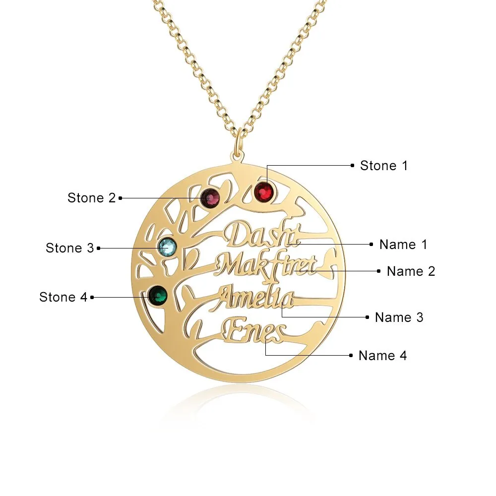 Family Tree Necklace with 4 Birthstones Name Necklace