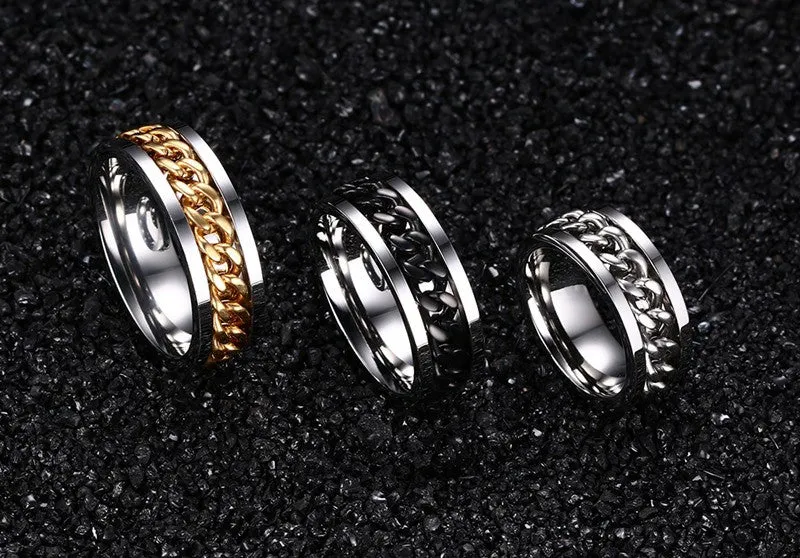 Fashion Spinner Black Chain Ring For Men Stainless Steel Wedding Mens Ring Cool Jewelry