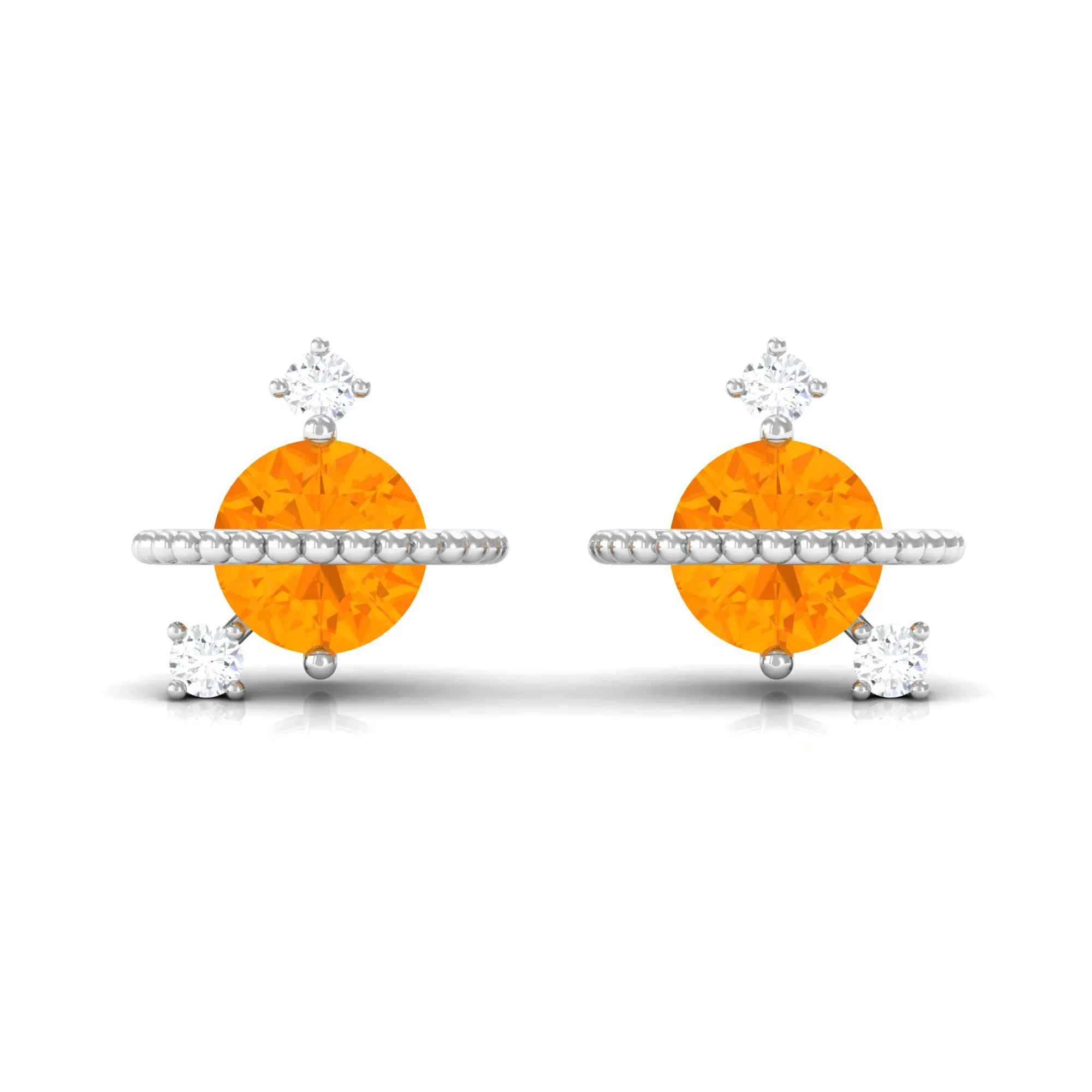 Fire Opal Contemporary Celestial Stud Earrings with Diamond