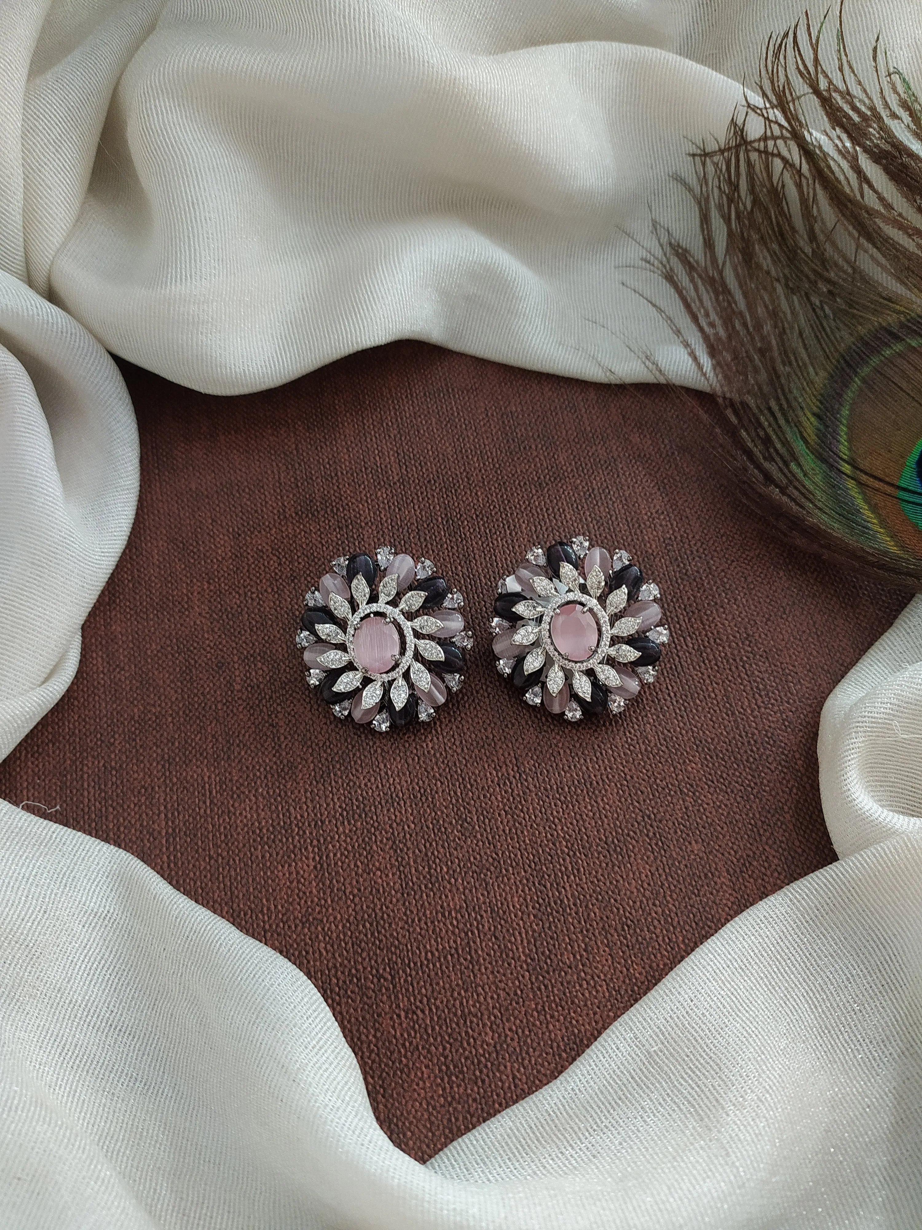 Floral-Designed Black Rhodium Studs with Zircon and Beads