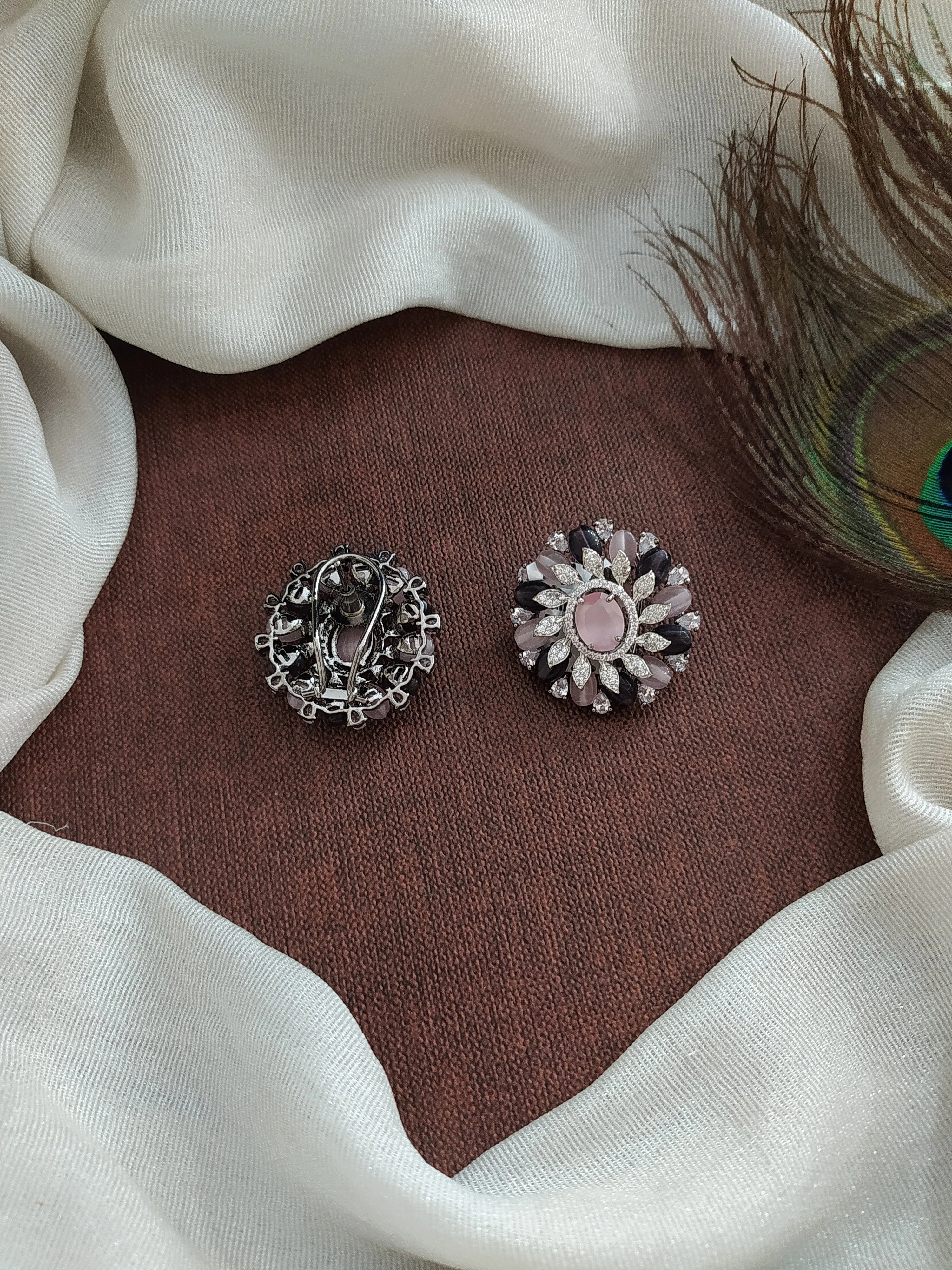 Floral-Designed Black Rhodium Studs with Zircon and Beads