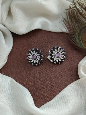 Floral-Designed Black Rhodium Studs with Zircon and Beads