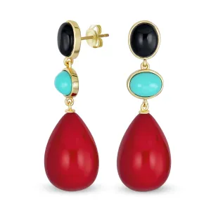 Gemstone Dangle Ball Teardrop Red Turquoise Earrings Gold Plated